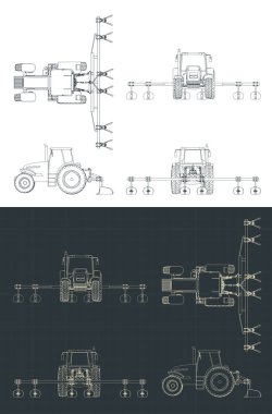 Stylized vector illustration of blueprints of tractor with plowing equipment