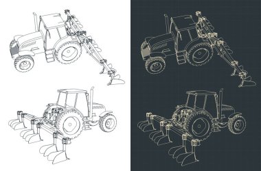 Stylized vector illustration of drawings of tractor with plowing equipment