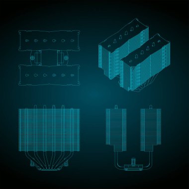 Kule tipi CPU soğutucusunun planlarının biçimlendirilmiş vektör çizimi