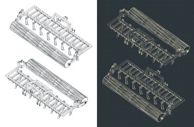 Stylized vector illustration of isometric blueprints of cultivator with roller