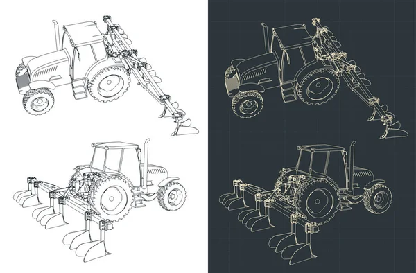 Stylized Vector Illustration Drawings Tractor Plowing Equipment — Stockvektor