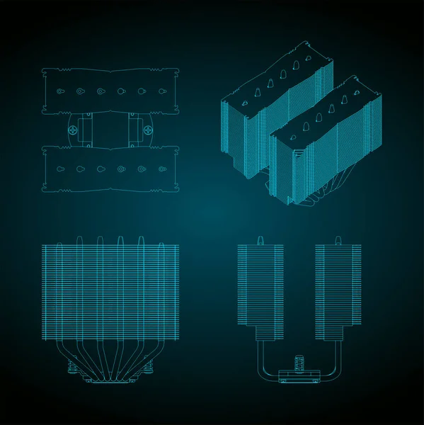 Ilustración Vectorial Estilizada Planos Del Enfriador Cpu Tipo Torre — Archivo Imágenes Vectoriales