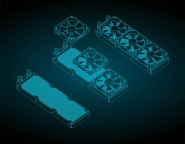 Stylized Vector Illustrations Isometric Blueprints Three Section Computer Liquid Cooling — 스톡 벡터