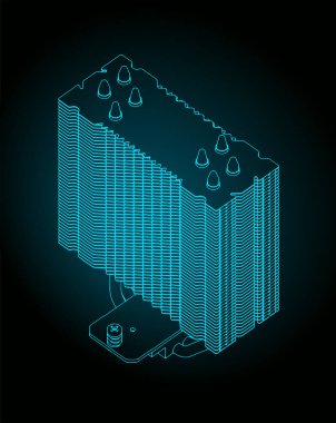 İşlemci soğutucusunun izometrik planının biçimlendirilmiş vektör çizimi