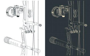 Stylized vector illustrations of sight, shelf and stabilizer of a compound bow close-up