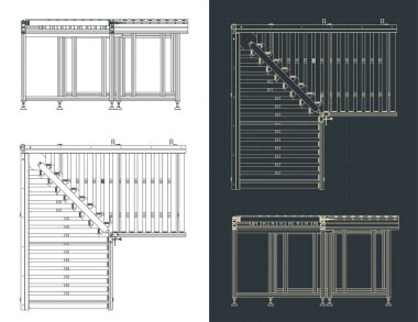Stylized vector illustration of blueprints of corner section of roller conveyor