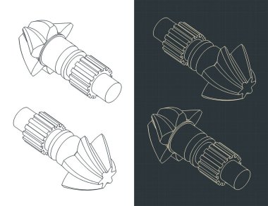 Stylized vector illustrations of isometric blueprints of hypoid gear for CNC machine