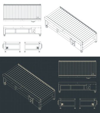 Stylized vector illustrations of blueprints of roller conveyor