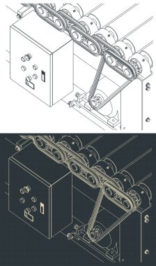 Stylized vector illustration of drawings of belt drive, roller conveyor mechanism and control close up