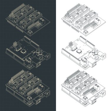 Stylized vector illustration of isometric blueprints of Arduino Uno and CNC shield