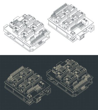 Stylized vector illustration of isometric blueprints of Arduino Uno and CNC shield