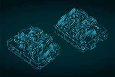 Stylized vector illustration of isometric blueprints of Arduino Uno and CNC shield