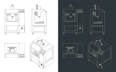 Stylized vector illustrations of blueprints of CNC PCB drilling and routing machine
