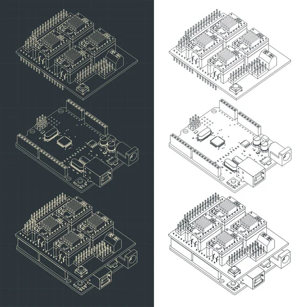 Στυλιζαρισμένη Διανυσματική Απεικόνιση Ισομετρικών Σχεδίων Arduino Uno Και Cnc Ασπίδας — Διανυσματικό Αρχείο