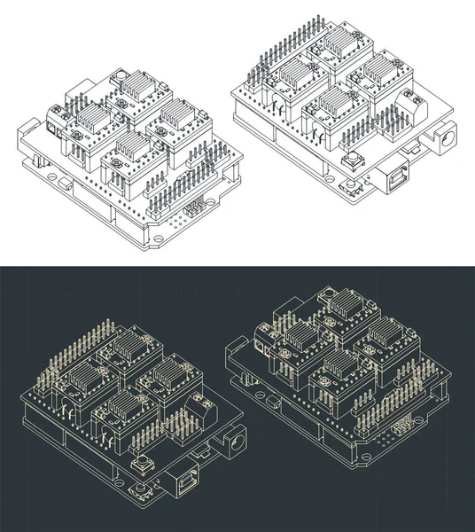 Stylized Vector Illustration Isometric Blueprints Arduino Uno Cnc Shield — Stockvektor