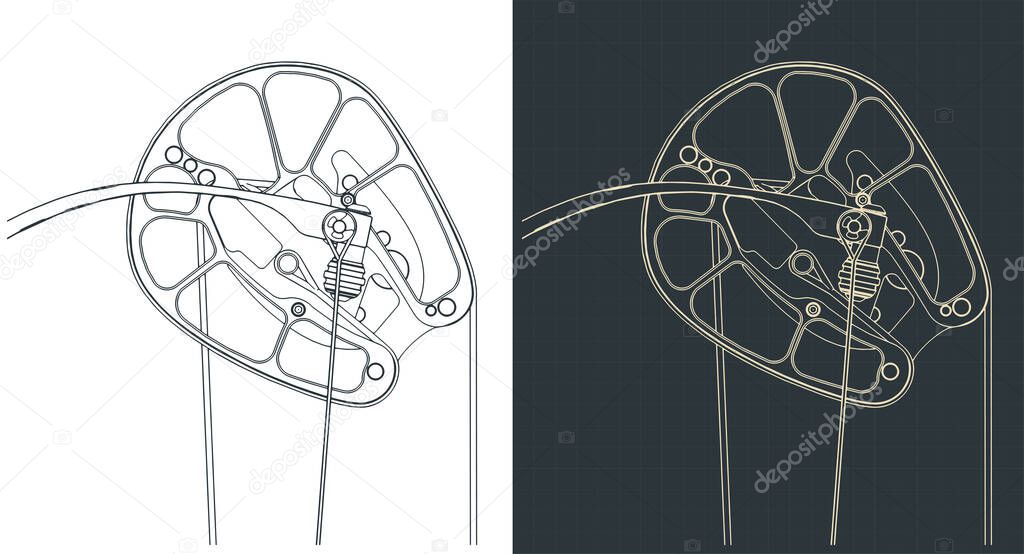 Stylized vector illustrations of blueprints of compound bow cam