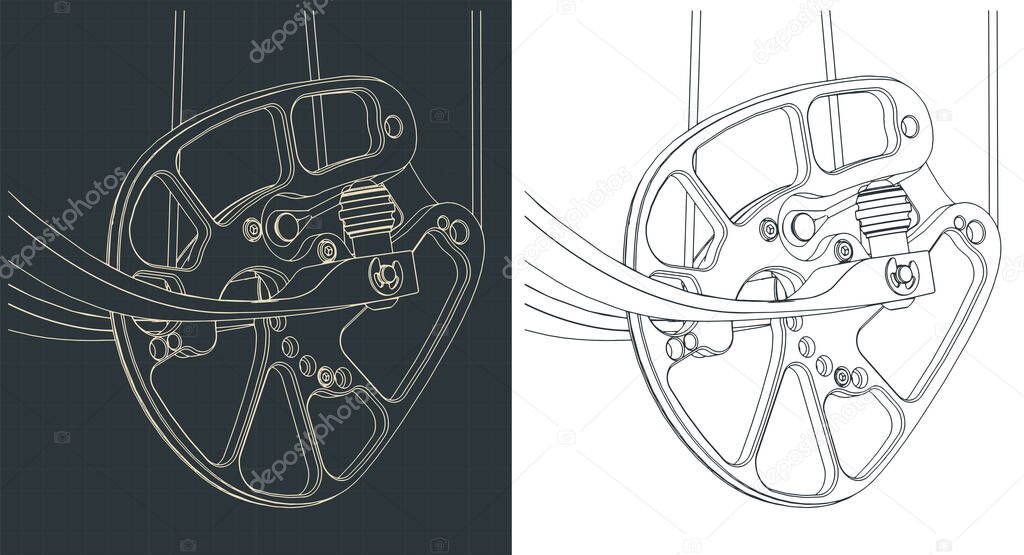 Stylized vector illustrations of blueprints of compound bow cam close-up