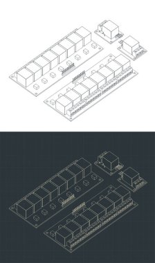 Stylized vector illustration of isometric blueprints of one and eight channel relays