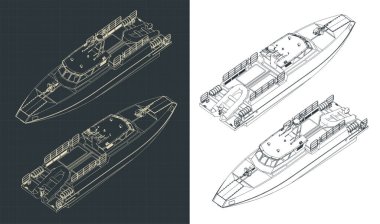 Stylized vector illustrations of isometric blueprints of high speed patrol boat