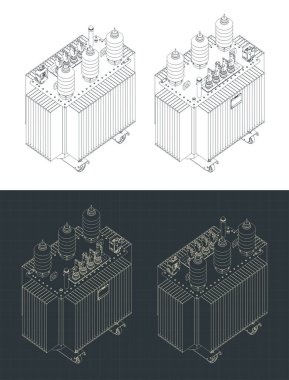 Stylized vector illustration of isometric blueprints of power three-phase transformer