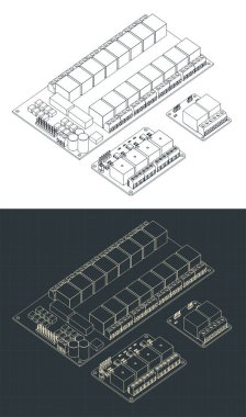 Stylized vector illustration of isometric blueprints of relays