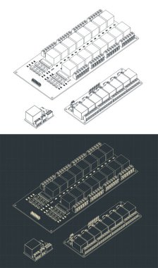 Stylized vector illustration of isometric blueprints of relays