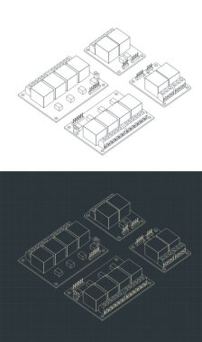 Stylized vector illustration of isometric blueprints of two and four channel relays