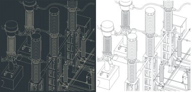 Stylized vector illustrations of isometric blueprints of transformer and divide voltage
