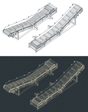 Stylized vector illustrations of isometric blueprints of chain conveyor close up