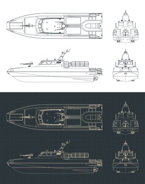 Stylized vector illustrations of blueprints of high speed patrol boat