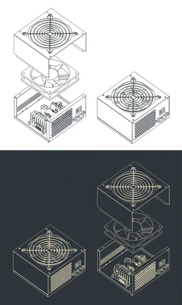 Stylized Vector Illustration Isometric Blueprints Disassembled Psu — Διανυσματικό Αρχείο