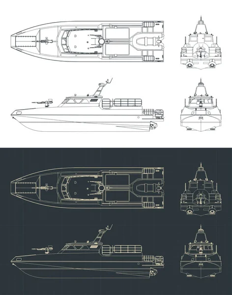 Stylized Vector Illustrations Blueprints High Speed Patrol Boat — 图库矢量图片