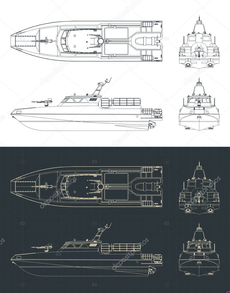 Stylized vector illustrations of blueprints of high speed patrol boat