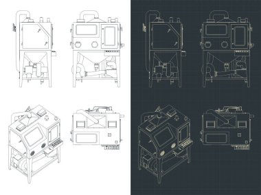 Otomatik döner kum püskürtme makinesinin planlarının biçimlendirilmiş vektör çizimleri