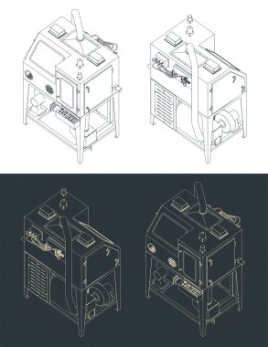 Otomatik döner kum püskürtme makinesinin izometrik planlarının stilize vektör çizimleri
