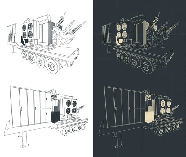 Gestileerde Vectorillustraties Van Isometrische Blauwdrukken Van Mobiele Hoogspanningsonderstations — Stockvector