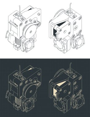 3d yazıcı ekstrakarının izometrik planlarının biçimlendirilmiş vektör çizimleri