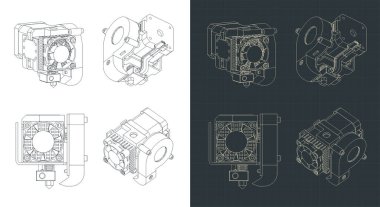 3D yazıcı ekstraktörünün planlarının biçimlendirilmiş vektör çizimleri