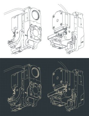 3d yazıcı ekstrakarının izometrik planlarının biçimlendirilmiş vektör çizimleri