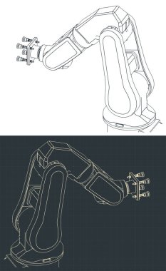Endüstriyel robotun planlarının, vakum kabı planlarıyla stilize edilmiş vektör çizimi