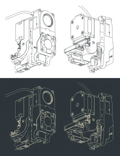 3Dプリンター押出機の等方設計図のベクトル図 — ストックベクタ