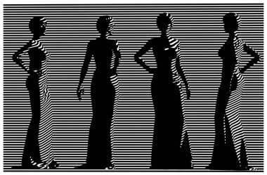 Uzun gece elbisesi giymiş bir kızın stilize edilmiş vektör çizimi