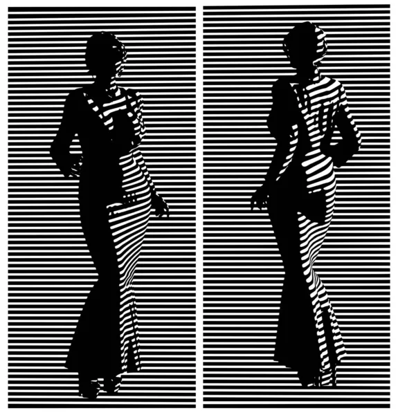 Στυλιζαρισμένες Διανυσματικές Απεικονίσεις Μιας Κυρίας Μακρύ Βραδινό Φόρεμα — Διανυσματικό Αρχείο