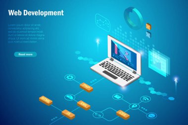 Web geliştirme konsepti. Dizüstü bilgisayar aygıtlarında, betik dil testi ve grafik simgeli uygulamalarda yazılım kodlama ve programlama.