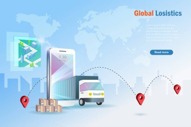 Global online akıllı lojistik. GPS noktalı haritalı akıllı telefondan teslimat kamyonu müşteriye teslimat yapıyor. Akıllı lojistik ve ulaşım teknolojisi kavramı.