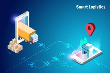 Çevrimiçi akıllı lojistik. GPS teslimatını kullanarak akıllı telefondan müşteriye teslimat kamyonu. Küresel lojistik ve ulaşım teknolojisi kavramı. 3B Isometric vektörü.