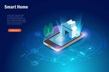 Akıllı ev teknolojisi ve parmak izi güvenlik taraması akıllı telefon ekranında. Akıllı kablosuz uygulama çevrimiçi 