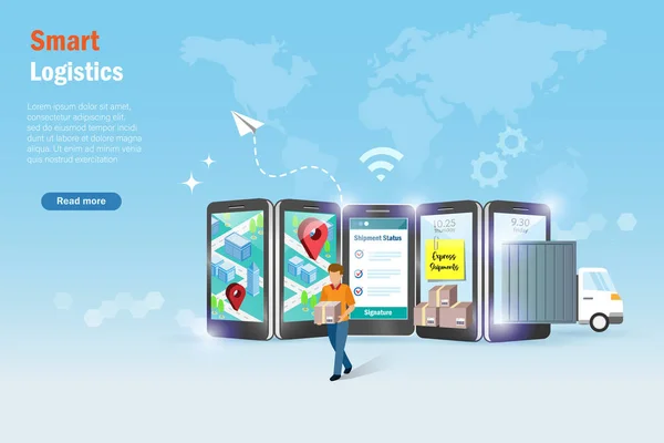 Globalna Inteligentna Logistyka Online Dostawca Ciężarówka Ekranie Smartfona Dostarczają Przesyłkę — Wektor stockowy