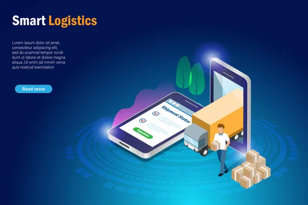 Intelligente Online Logistik Lieferwagen Und Sendungsverfolgungsstatus Auf Dem Smartphone Bildschirm — Stockvektor