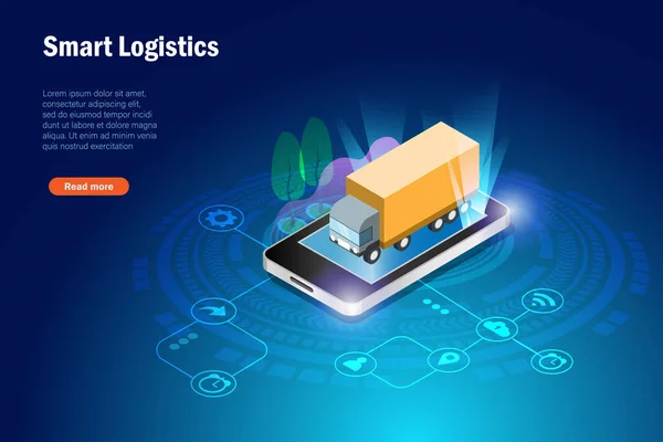 Logistica Intelligente Globale Camion Virtuale Consegna Smart Phone Logistica Distribuzione — Vettoriale Stock